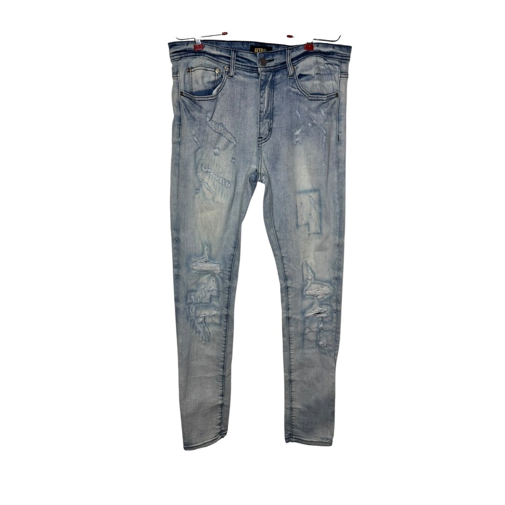 GFTD LA Men Jeans Distressed Streetwear Slim Skinny Fit Mid-Wash Stretch Blue 32